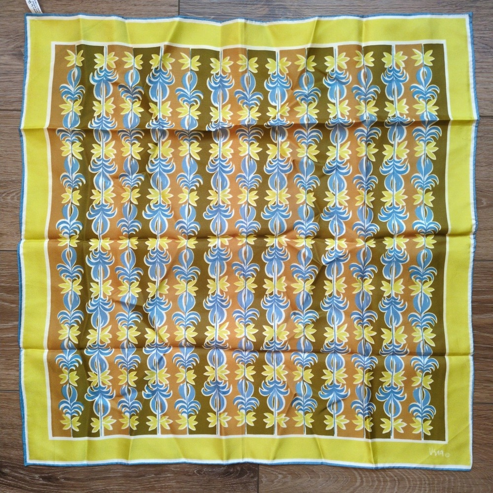 Vintage Vera Neumann Square Abstract Retro Floral Scarf Green Bronze Brown Blue - Picture 2 of 5